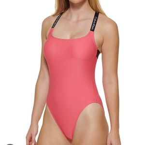 NWT CALVIN KLEIN Deep U-Back Criss-Cross Logo Elastic One-Piece Swimsuit -Size S